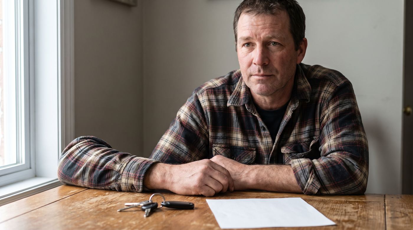 A man in his late forties seated at his kitchen table, car keys and a face-down sheet of paper in front of him