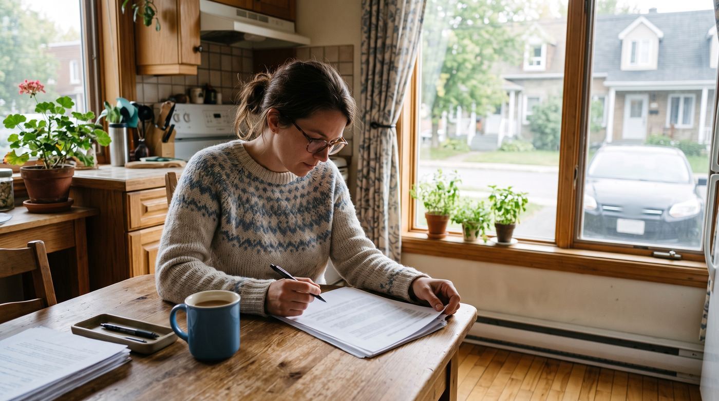 Un couple de Québécois dans la quarantaine compare des options sur une tablette à la table de la cuisine, des clés de voiture posées près d'une tasse de café