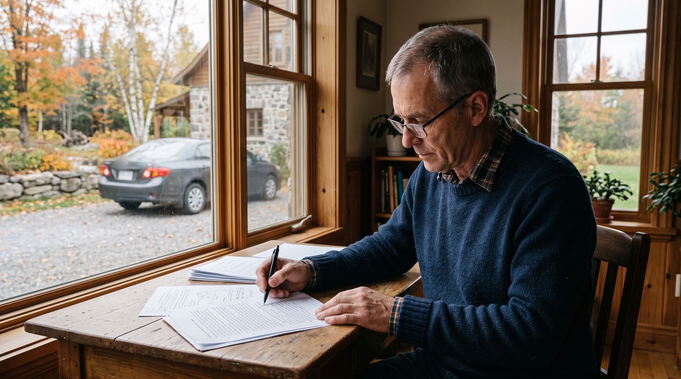 Contrat d'assurance auto et clés de voiture posés sur une table de cuisine